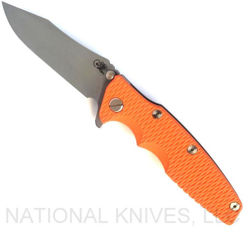 Rick Hinderer Knives Eklipse Spear Point folding knife with flipper tab and thumb stud - shown open presentation side.  Working Finish S45VN stainless steel plain edge blade.  Orange G-10 handle with Battle Bronze lock side.  Model KEK35SPE.