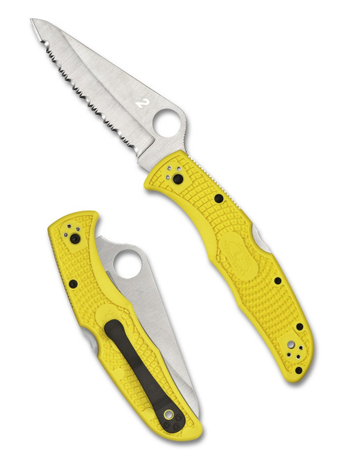 Spyderco Pacific Salt 2 folding knife with thumb hole - shown open presentation side and closed pocket clip side.  Satin H-2 stainless steel serrated edge blade.  Yellow FRN handle.  Model C91SYL2.
