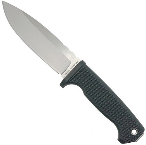 Demko Knives FreeReign fixed blade knife - shown out of sheath reverse.  Satin AUS10A stainless steel plain edge blade.  Gray rubber handle.  