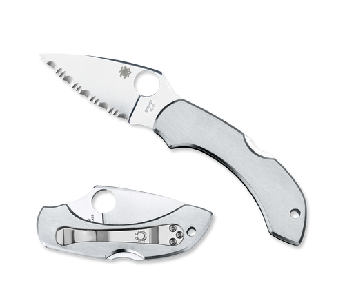 Spyderco Dragonfly folding knife with thumb hole - shown open presentation side and closed pocket clip side.  Satin VG-10 stainless steel serrated edge blade.  Stainless steel handle.  Model C28S.
For reference only.