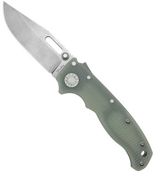 Demko Knives AD20.5 folding knife with thumb stud and slot - shown open presentation side.  S35VN stainless steel, clip point, plain edge blade.  Natural G-10 handle.  Model AD20.5-CPPE-S35VN-NATG10.