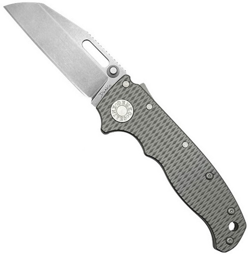 Demko Knives AD20.5 folding knife with thumb stud and slot - shown open presentation side.  3V steel, Shark Foot, plain edge blade.  Textured titanium handle.  Model AD20.5-SFPE-3V-TXTI.