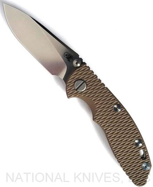 Rick Hinderer Knives Non=Flipper XM-18 3.0" Slicer folding knife with thumb stud - shown open presentation side.  Stonewash 20CV stainless steel plain edge blade.  FDE G-10 handle with stonewash lock side.  Model KXM30SLNF.