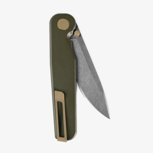 Tactile Knife Co Seasonal Release Overlander Rockwall folding knife with thumb stud - shown partially open pocket clip side.  Stonewash MagnaCut stainless steel plain edge blade.  Green titanium handle.