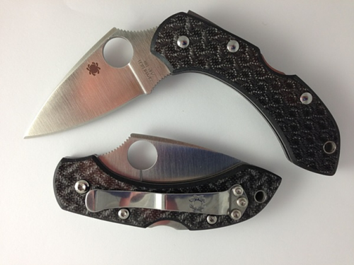 Spyderco Dragonfly 2 JB Outman Exclusive folding knife with thumb hole - shown open presentation side and closed pocket clip side.  Satin ZDP-189 steel plain edge blade.  Black Nishijin glass fiber handle.  Model C28GFPE.
For reference only.

