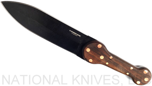 Condor Tool and Knife Trade Dag fixed blade knife - shown out of sheath reverse.  1095 steel plain edge blade.  Wood handle.  Model CTK1832-7.9-HC.  