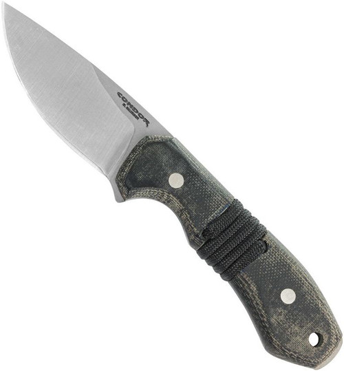 Condor Tool and Knife Mountaineer Trail Intent fixed blade knife - shown out of sheath reverse.  14C28N stainless steel plain edge blade.  Black Micarta handle.  Model CTK1833-3.0-SK.  