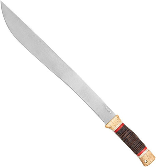 Condor Tool and Knife Country Backroads machete - shown out of sheath reverse.  1075 steel plain edge blade.  Wood and leather handle.  Model CTK2852-15.7-HC.