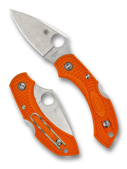 Spyderco Dragonfly 2 folding knife with thumb hole - shown open presentation side and closed pocket clip side.  Satin VG-10 stainless steel plain edge blade.  Orange FRN handle.  Model C28POR2.
