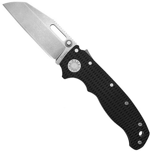 Demko Knives AD20.5 folding knife with thumb stud and slot - shown open presentation side.  S35VN stainless steel, Shark Foot, plain edge blade.  Black G-10 handle.  Model AD20.5-SFPE-S35VN-BKG10.