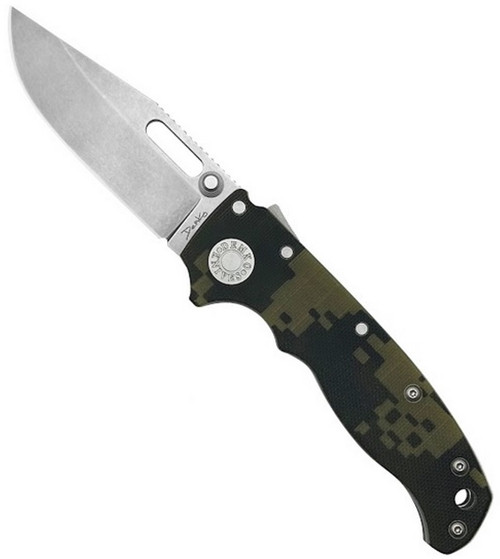 Demko Knives AD20.5 folding knife with thumb stud and slot - shown open presentation side.  S35VN stainless steel, clip point, plain edge blade.  Camo G-10 handle.  Model AD20.5-CPPE-S35VN-CAMOG10.