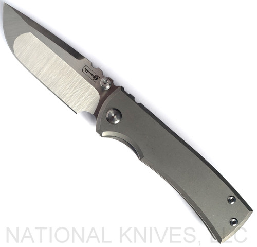 Chaves Knives Redencion Street Drop Point folding knife with thumb stud - shown open presentation side.  Satin M390 stainless steel plain edge blade.  Stonewash titanium handle.  Model ST/RDP/SWTI/BF.