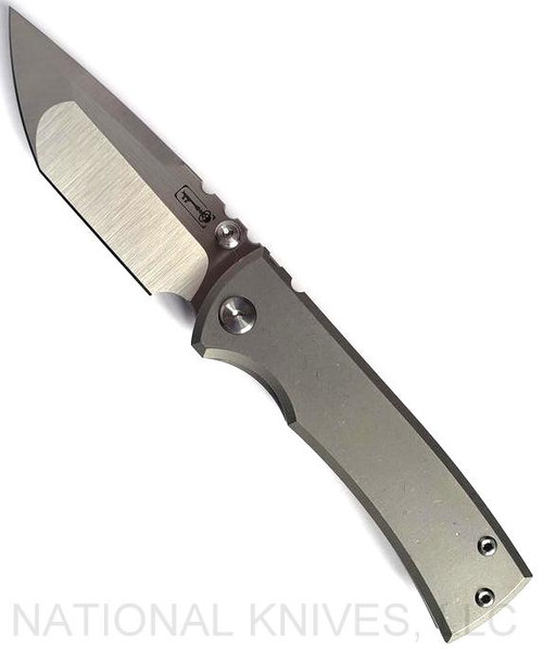 Chaves Knives Redencion Street Tanto folding knife with thumb stud - shown open presentation side.  Satin M390 stainless steel plain edge blade.  Stonewash titanium handle.  Model ST/RT/SWTI/BF.