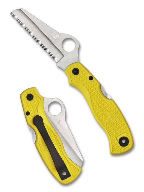 Spyderco Saver Salt folding knife with thumb hole - shown open presentation side and closed pocket clip side.  Satin H-2 stainless steel serrated edge blade.  Yellow FRN handle.  Model C118SYL.