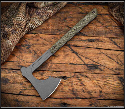 RMJ Tactical Raven tomahawk - shown out of sheath reverse.  Tungsten Cerakote 80CRV2 steel plain edge head.  Dirty Olive G-10 handle.  Model T-RA-TU-DO.
