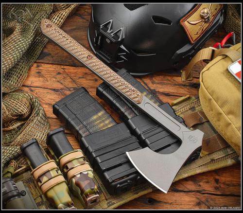 RMJ Tactical Raven tomahawk - shown out of sheath obverse.  Tungsten Cerakote 80CRV2 steel plain edge head.  Hyena Brown G-10 handle.
