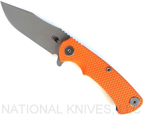 Rick Hinderer Knives Project X Clip Point folding knife with flipper tab - shown open presentation side.  Working Finish MagnaCut stainless steel plain edge blade.  Orange G-10 handle with Battle Blue lock side.  Model KPXSPEMC.