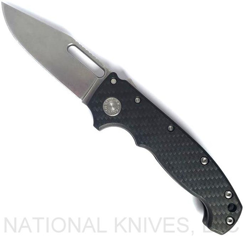 Demko Knives MG AD-20 clip point folding knife with thumb stud and thumb slot - shown open presentation side.  Stonewash 3V steel plain edge blade.  Black carbon fiber handle.