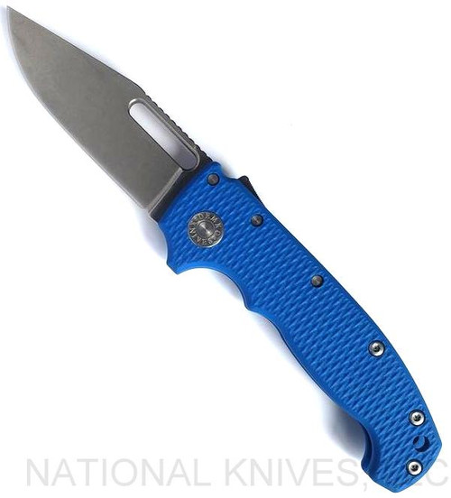 Demko Knives MG AD-20 clip point folding knife with thumb stud and thumb slot - shown open presentation side.  Stonewash 3V steel plain edge blade.  Blue G-10 handle.