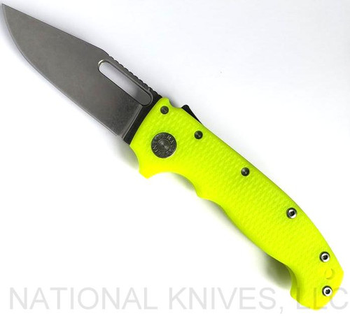 Demko Knives MG AD-20 clip point folding knife with thumb stud and thumb slot - shown open presentation side.  Stonewash 3V steel plain edge blade.  DayGlow G-10 handle.