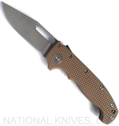 Demko Knives MG AD-20 clip point folding knife with thumb stud and thumb slot - shown open presentation side.  Stonewash 3V steel plain edge blade.  Earth G-10 handle.