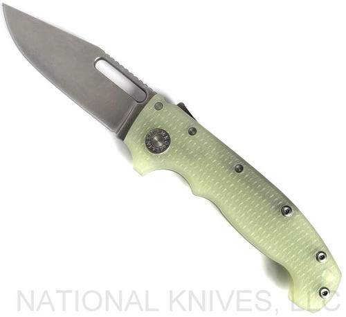 Demko Knives MG AD-20 clip point folding knife with thumb stud and thumb slot - shown open presentation side.  Stonewash 3V steel plain edge blade.  Natural G-10 handle.