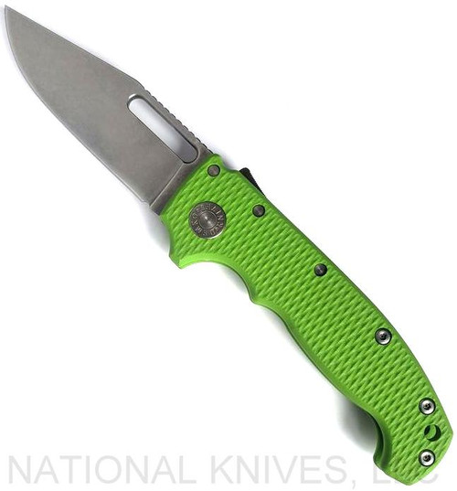 Demko Knives MG AD-20 clip point folding knife with thumb stud and thumb slot - shown open presentation side.  Stonewash 3V steel plain edge blade.  Neon green G-10 handle.
