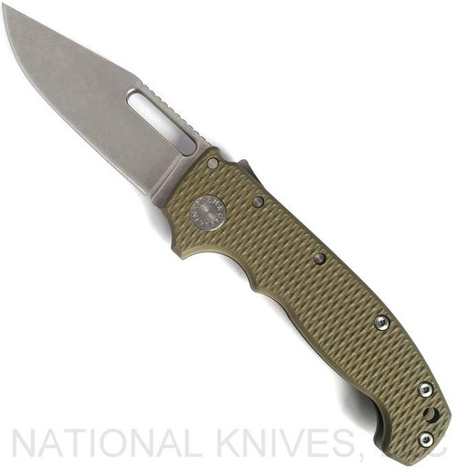 Demko Knives MG AD-20 clip point folding knife with thumb stud and thumb slot - shown open presentation side.  Stonewash 3V steel plain edge blade.  OD green G-10 handle.