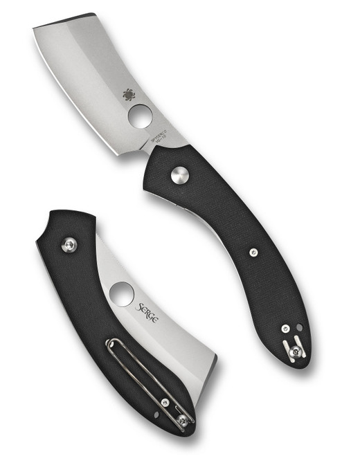 Spyderco Roc folding knife with thumb hole - shown open presentation side and closed pocket clip side.  Gray VG-10 stainless steel plain edge blade. Black G-10 handle.  Model C177GP.
