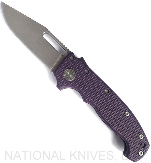 Demko Knives MG AD-20 clip point folding knife with thumb stud and thumb slot - shown open presentation side.  Stonewash 3V steel plain edge blade.  Purple G-10 handle.