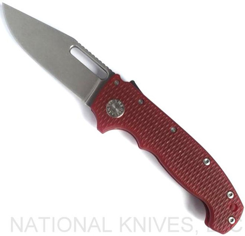 Demko Knives MG AD-20 clip point folding knife with thumb stud and thumb slot - shown open presentation side.  Stonewash 3V steel plain edge blade.  Red G-10 handle.