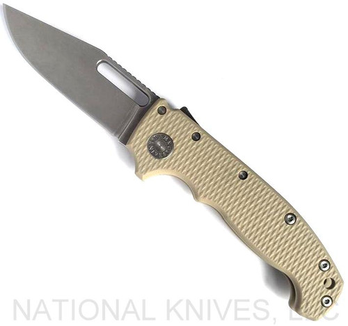 Demko Knives MG AD-20 clip point folding knife with thumb stud and thumb slot - shown open presentation side.  Stonewash 3V steel plain edge blade.  Tan G-10 handle.