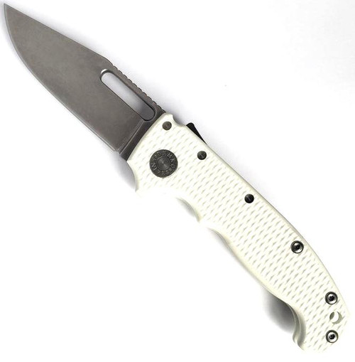 Demko Knives MG AD-20 clip point folding knife with thumb stud and thumb slot - shown open presentation side.  Stonewash 3V steel plain edge blade.  White G-10 handle.