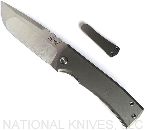 Chaves Knives Redencion 229 Drop Point folding knife with flipper tab - shown open presentation side with extra pocket clip aside it.  M390 stainless steel plain edge blade.  Stonewashed titanium handle.  Model 229/KS/RDP/SWTI.