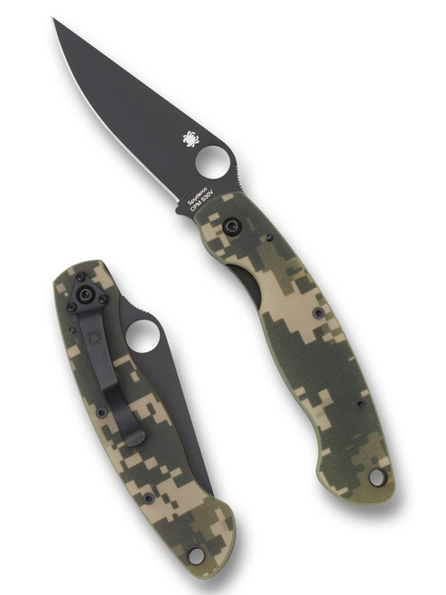 Spyderco Military folding knife with thumb hole - shown open presentation side and closed pocket clip side.  Black S30V stainless steel plain edge blade.  Digi Camo G-10 handle.  Model C36GPCMOBK.