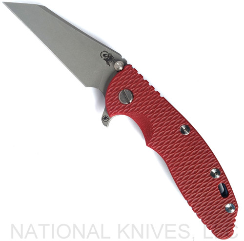 Rick Hinderer Knives Fatty XM-18 3.5" Wharncliffe folding knife with thumb stud and flipper tab - shown open presentation side.  Working Finish S45VN stainless steel plain edge blade.  Red G-10 handle with Battle Blue lock side.  Model KXM35FAWC.