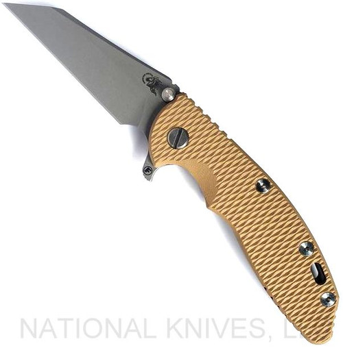 Rick Hinderer Knives Fatty XM-18 3.5" Wharncliffe folding knife with thumb stud and flipper tab - shown open presentation side.  Working Finish S45VN stainless steel plain edge blade.  Coyote G-10 handle with Battle Bronze lock side.  Model KXM35FAWC.