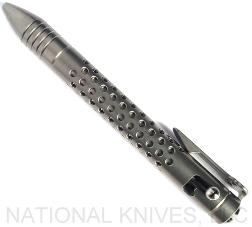 Chaves Knives Dots ink pen - shown closed.  Stonewash titanium construction.  Model PEN/BA/DSWTI.