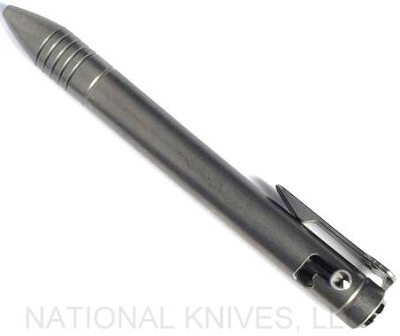 Chaves Knives Smooth ink pen - shown closed.  Stonewash titanium construction.  Model PEN/BA/SSWTI.