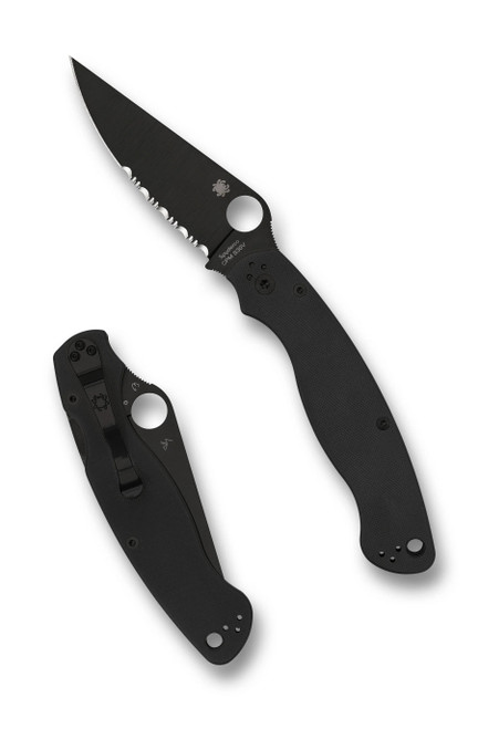 Spyderco Military 2 folding knife with thumb hole - shown open presentation side and closed pocket clip side.  Black S30V stainless steel combo edge blade.  Black G-10 handle.  Model C36GPSBK2.
