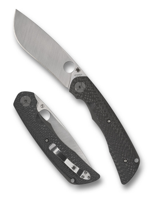 Spyderco Subvert Sprint Run folding knife with thumb hole - shown open presentation side and closed pocket clip side.  20CV stainless steel plain edge blade.  Black carbon fiber handle.  Model C239CFP.