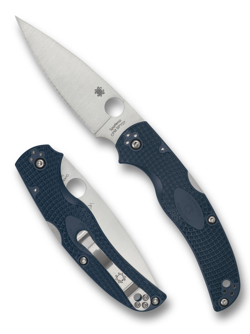 Spyderco Native Chief folding knife with thumb hole - shown open presentation side and closed pocket clip side.  Satin SPY27 stainless steel plain edge blade.  Blue FRN handle.  Model C244PCBL.