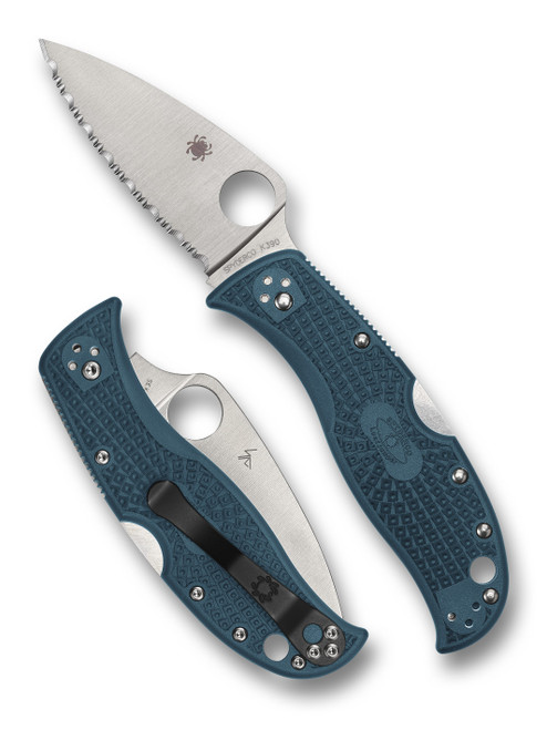 Spyderco LeafJumper folding knife with thumb hole - shown open presentation side and closed pocket clip side.  Satin K390 steel serrated edge blade.  Blue FRN handle.  Model C262SBLK390.