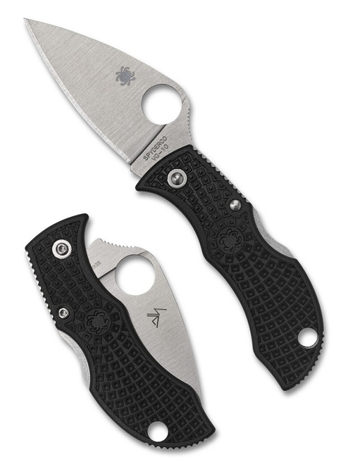 Spyderco Manbug leaf folding knife with thumb hole - shown open obverse and closed reverse.  Satin VG-10 stainless steel plain edge blade.  Black FRN handle.  Model MBKLFP.