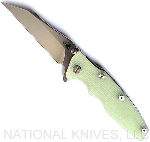 Rick Hinderer Knives Eklipse Wharncliffe folding knife with flipper tab and thumb stud - shown open presentation side.  Stonewash 20CV stainless steel plain edge blade.  Translucent Green G-10 handle with stonewash lock side.  Model KEK35WC.