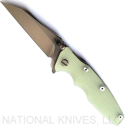 Rick Hinderer Knives Eklipse Wharncliffe folding knife with flipper tab and thumb stud - shown open presentation side.  Stonewash 20CV stainless steel plain edge blade.  Translucent Green G-10 handle with stonewash bronze lock side.  Model KEK35WC.