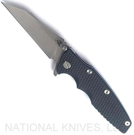 Rick Hinderer Knives Eklipse Wharncliffe folding knife with flipper tab and thumb stud - shown open presentation side.  Stonewash 20CV stainless steel plain edge blade.  Black G-10 handle with stonewash blue lock side.  Model KEK35WC.