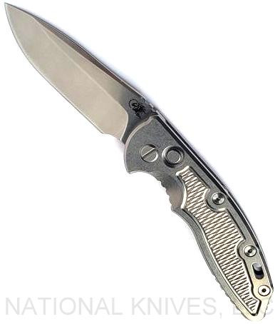Rick Hinderer Knives Automatic XM-18 Spear Point folding knife with push button - shown open presentation side.  Stonewash 20CV stainless steel plain edge blade.  Stonewash titanium handle.  Model KAXM35SPE.