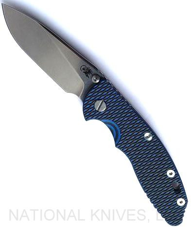 Rick Hinderer Knives Non Flipper XM-18 3.5" Slicer folding knife with thumb stud - shown open presentation side.  Stonewash S45VN stainless steel plain edge blade.  Blue - black G-10 handle with stonewash lock side.  Model KXM35NFSL.