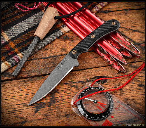 RMJ Tactical Sparrow fixed blade knife - shown out of sheath obverse.  Tungsten Cerakote MagnaCut stainless steel plain edge blade.  Black G-10 handle.  Model K-SP-MC-TU-BK.
